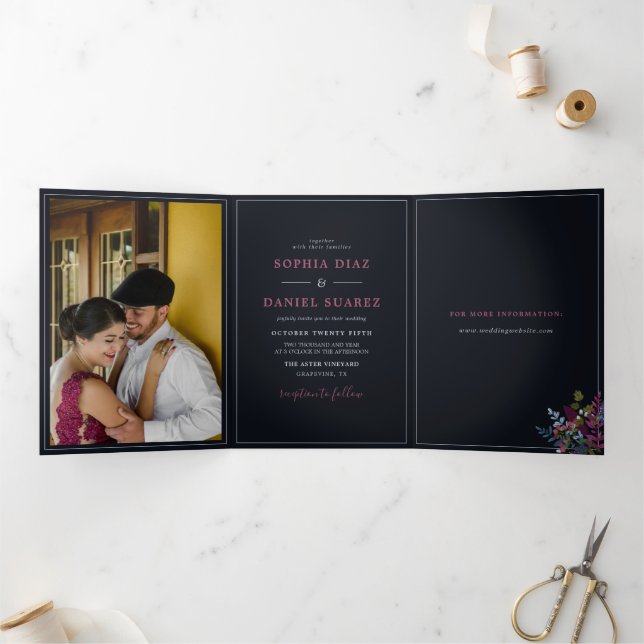 Blue Burgundy Olive Blätter Hochzeit Dreifach Gefaltete Einladung (Innenseite)