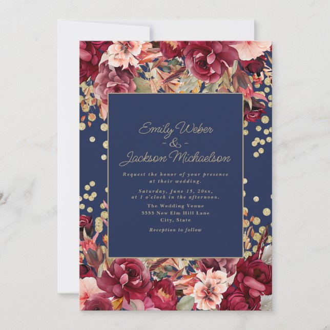 Blue Burgundy Pink Floral Gold Glitzer Einladung (Vorderseite)