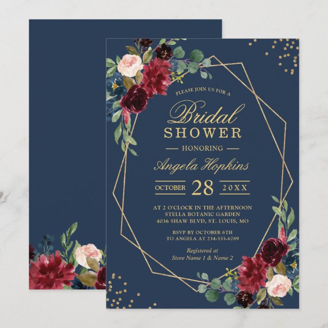 Blue Burgundy Red Floral Modernes Brautparty Einladung (Vorne/Hinten)