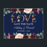 Blue Burgundy Watercolor Floral Liebe Save the Dat Ankündigungspostkarte<br><div class="desc">Wasserfarbe Blau Burgund Blumenfloral Liebe Save the Date Postkarte</div>