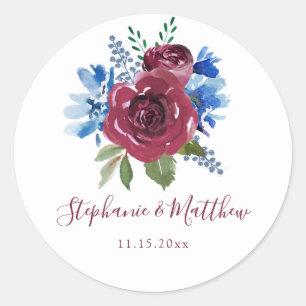 Blue Burgundy Watercolor Floral Wedding Runder Aufkleber