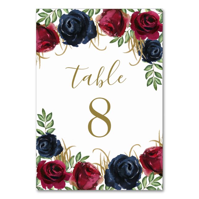 Blue Burgundy Wedding Tischnummer Cards (Vorderseite)