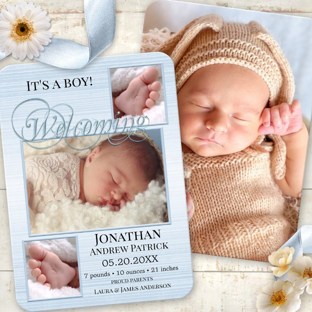 Blue Burlap Baby Birth Photos Faire-part Card (Elegant birth announcement card featuring custom photos on pastel blue burlap)