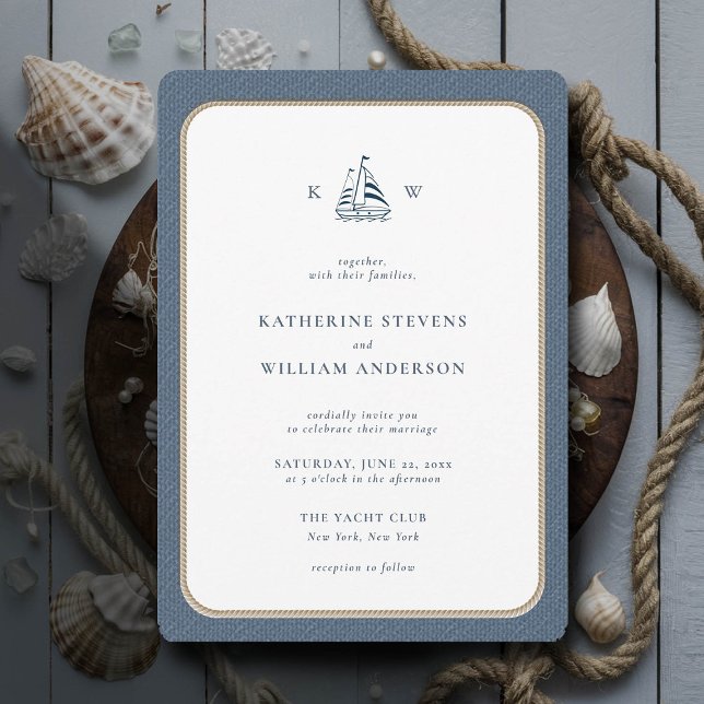 Blue Burlap Monogramme für Nautical Rope Wedding Einladung (simple beach boat wedding invitation nautical rope burlap white navy modern classic minimalist)