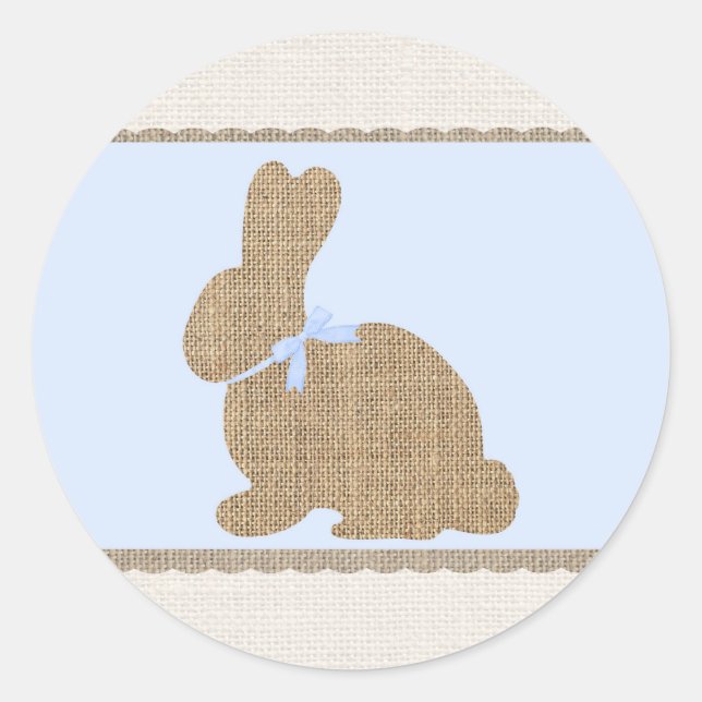 Blue & Burlap Rustic Bunny Oaster Baby Dusche Runder Aufkleber (Vorderseite)