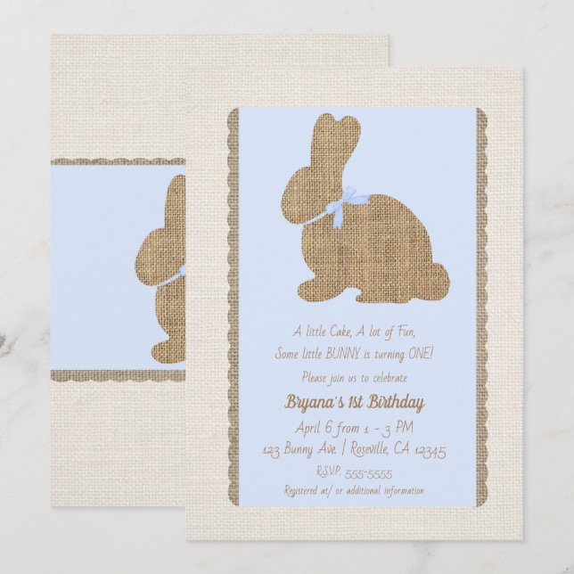 Blue & Burlap Rustic Bunny Oster 1. Geburtstag Einladung (Vorne/Hinten)