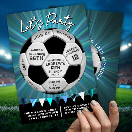 Blue Burst Sporty Soccer Ball Boys Birthday Einladung