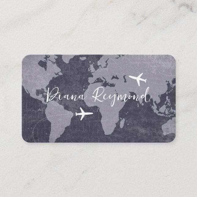 Blue Business Cards  with World Map and Planes Visitenkarte (Vorderseite)