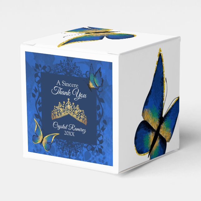Blue Butterfells, Gold Tiara Quinceanera Gefälligk Geschenkschachtel (Vorderseite)