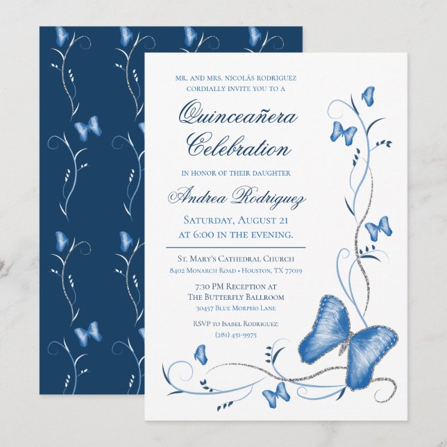 Blue Butterfells & Wirbel Quinceanera Einladung (Vorne/Hinten)