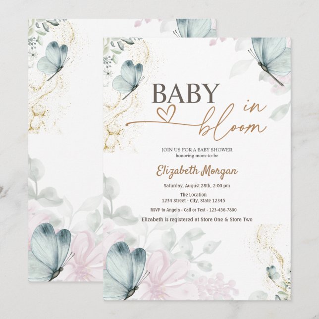Blue Butterflies Baby in Bloom Einladung (Vorne/Hinten)