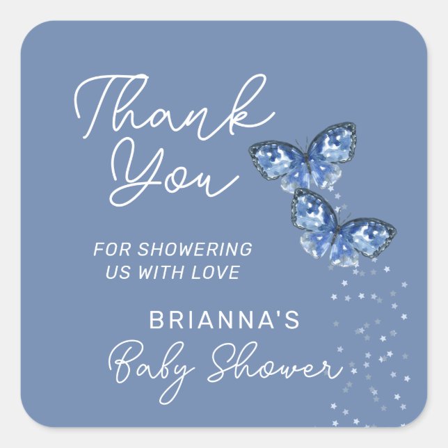 Blue Butterflies Boy Twins Baby Shower Thank You Quadratischer Aufkleber (Vorderseite)