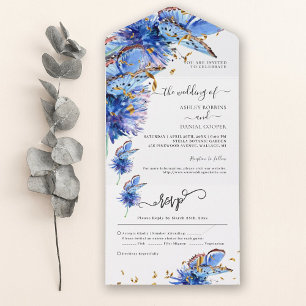 Blue Butterflies Gold Wedding All In One Einladung