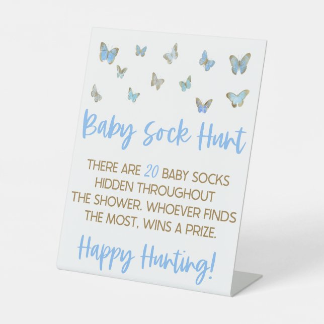 Blue Butterfly Baby Sock Hunt Baby Showspiel Sockelschild (Vorderseite)