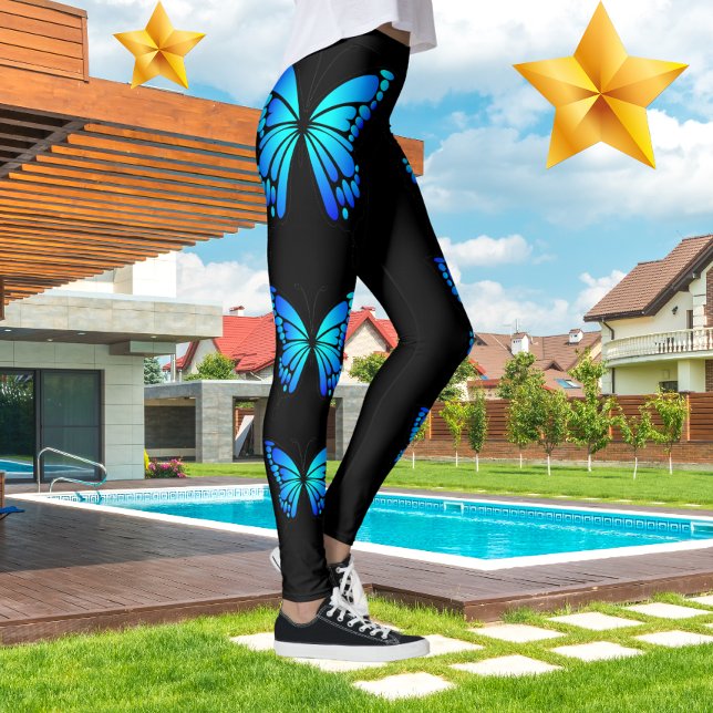 Blue Butterfly Black Moderne trendige Hot Leggings (Von Creator hochgeladen)