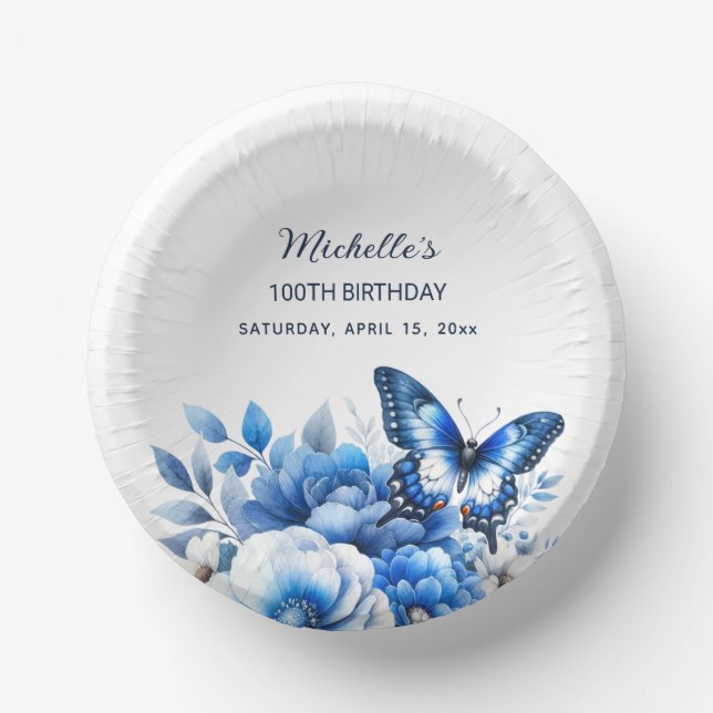 Blue Butterfly Blume Elegant 100. Geburtstag Pappteller (Vorderseite)