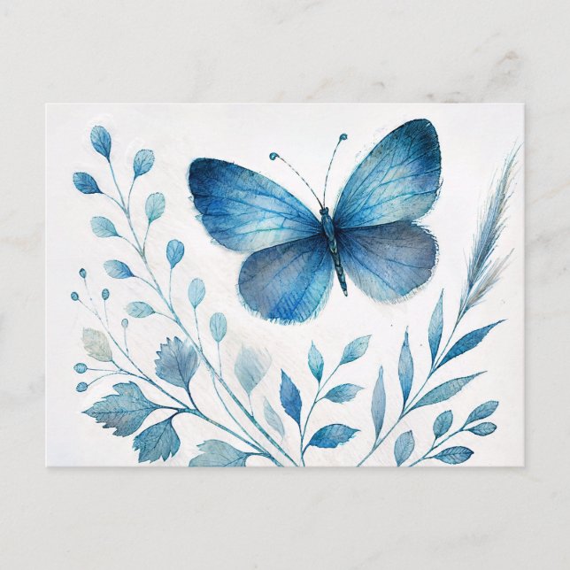 Blue Butterfly Botanical Watercolor Postkarte (Vorderseite)