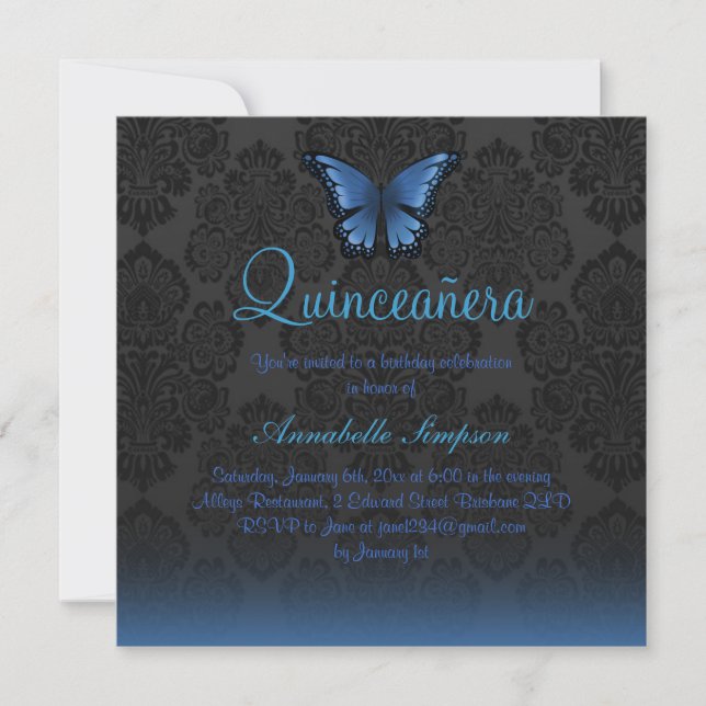 Blue Butterfly & Damask Quinceanera Einladung (Vorderseite)