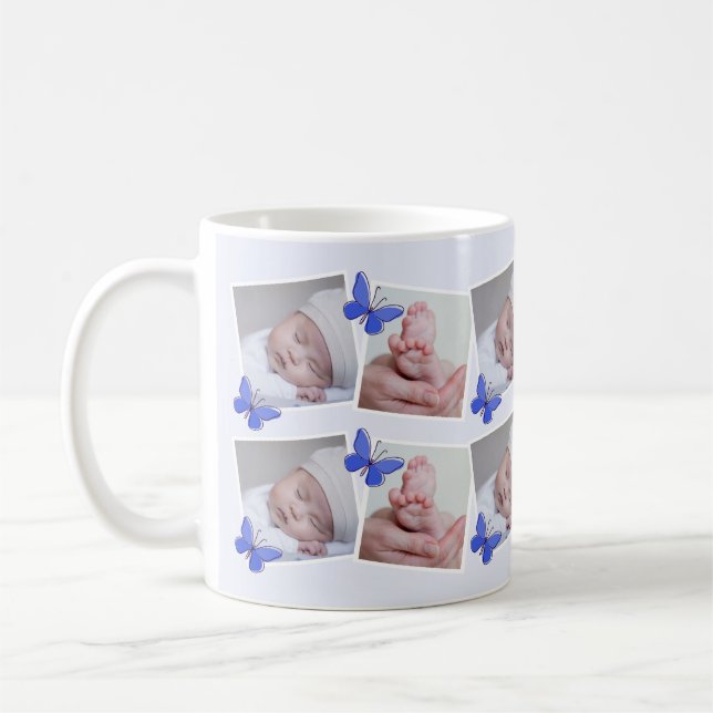 Blue Butterfly First Year Baby Foto Collage Kaffeetasse (Links)