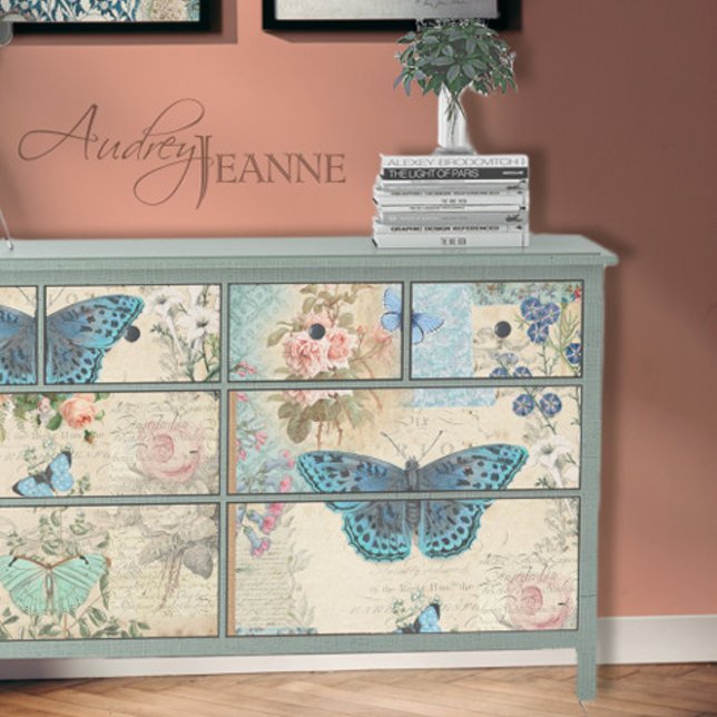 Blue Butterfly Floral Script Ephemera Decoupage Seidenpapier (Von Creator hochgeladen)