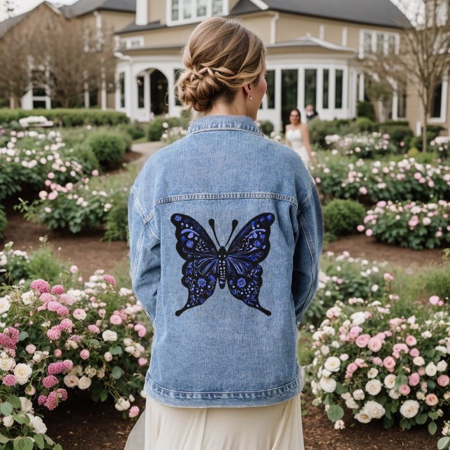 Blue Butterfly Folk Art Jeansjacke (Hochzeit Rückseite)