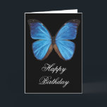 Blue Butterfly Geburtstagskarte Karte<br><div class="desc">Foto Bild eines blauen Schmetterlings auf schwarzem Hintergrund; Formulierung GLÜCKLICH BIRTHTAG. Sie können die Gruß- und/oder Hintergrundfarbe ändern,  um dieses Design anzupassen.</div>