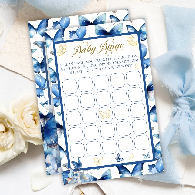 Blue Butterfly Gold Accent Baby Dusche Bingo Spiel (Von Creator hochgeladen)
