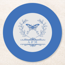Blue Butterfly Mit Monogramm Hochzeitspapier-Unter Runder Pappuntersetzer