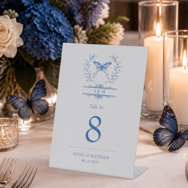 Blue Butterfly Monogram Wedding Tischnummer Sockelschild (Von Creator hochgeladen)