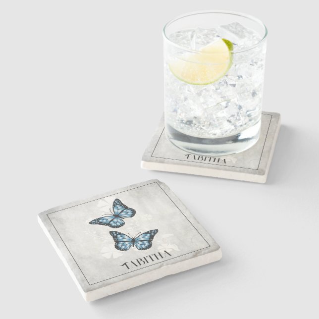 Blue Butterfly Personalisiert Stone Untersetzer (Seitenansicht)