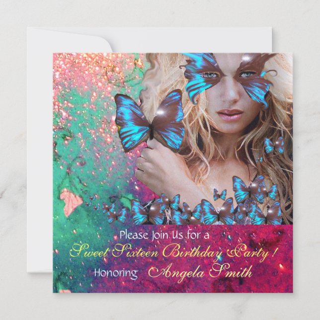 BLUE BUTTERFLY SWEET 16 PARTY MONOGRAMM, GOLD EINLADUNG (Vorderseite)