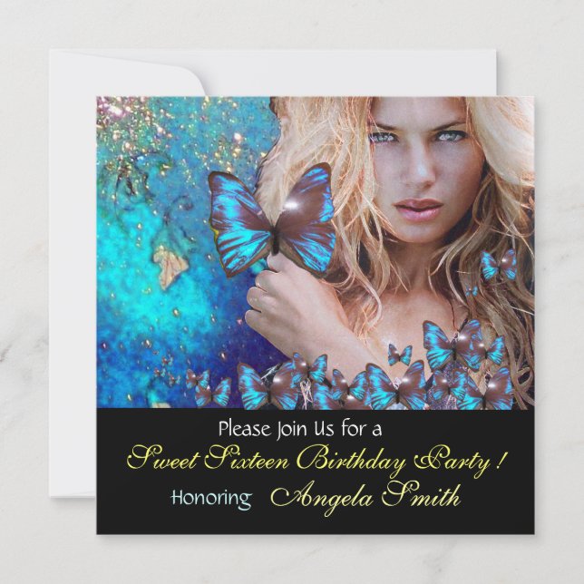 BLUE BUTTERFLY SWEET 16 PARTY MONOGRAMM, GOLD EINLADUNG (Vorderseite)