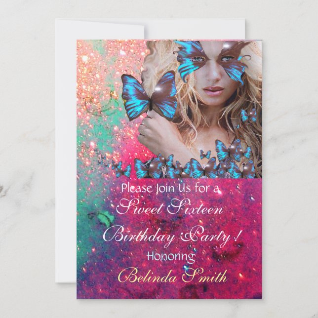BLUE BUTTERFLY SWEET 16 PARTY MONOGRAMM, GOLD EINLADUNG (Vorderseite)
