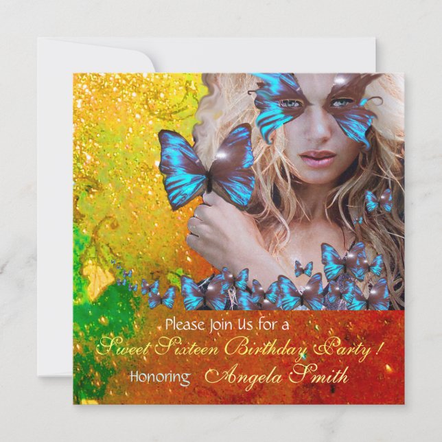 BLUE BUTTERFLY SWEET 16 PARTY MONOGRAMM, GOLD EINLADUNG (Vorderseite)