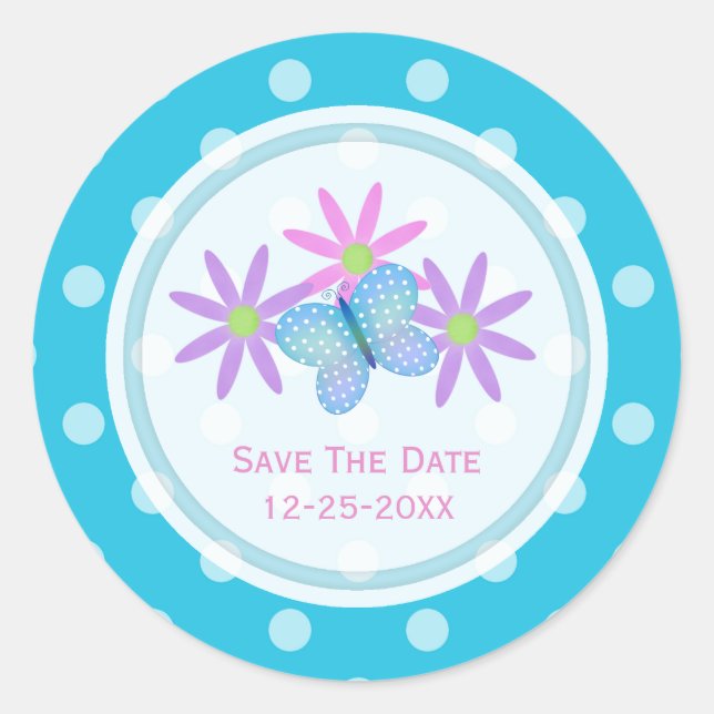 Blue Butterfly und Daisy Save the Date Stickers (Vorderseite)