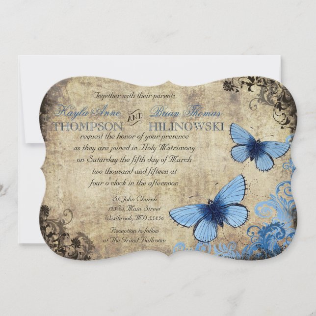 Blue Butterfly Vintage Hochzeit Einladung (Vorderseite)