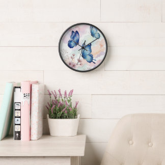 Blue Butterfly Watercolor Wall Clock Elegant Decor Uhr