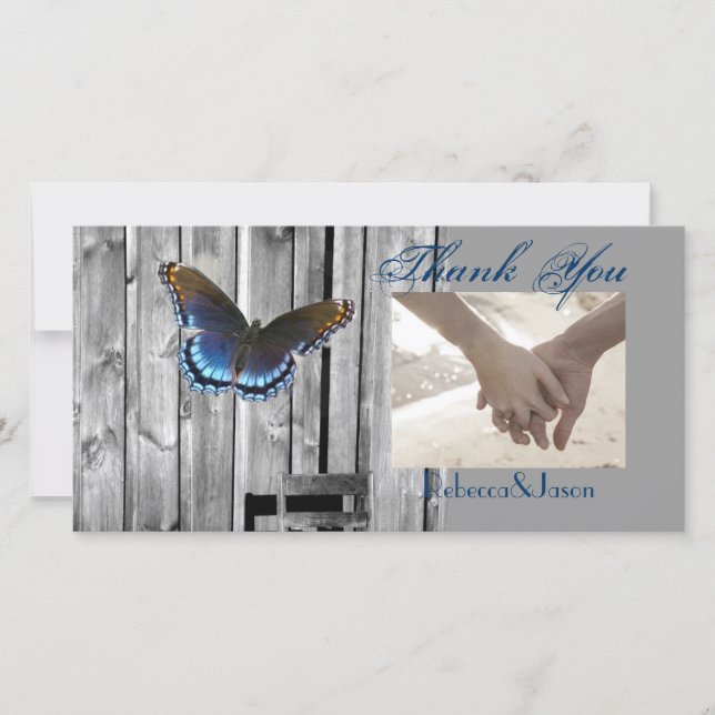 BLue Butterfly Wedding Grey Barn Wood Dankeskarte (Vorderseite)