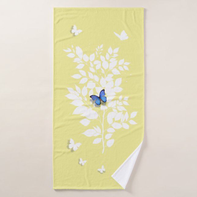 Blue Butterfly white leafy branch  Badehandtuch (Badehandtuch)
