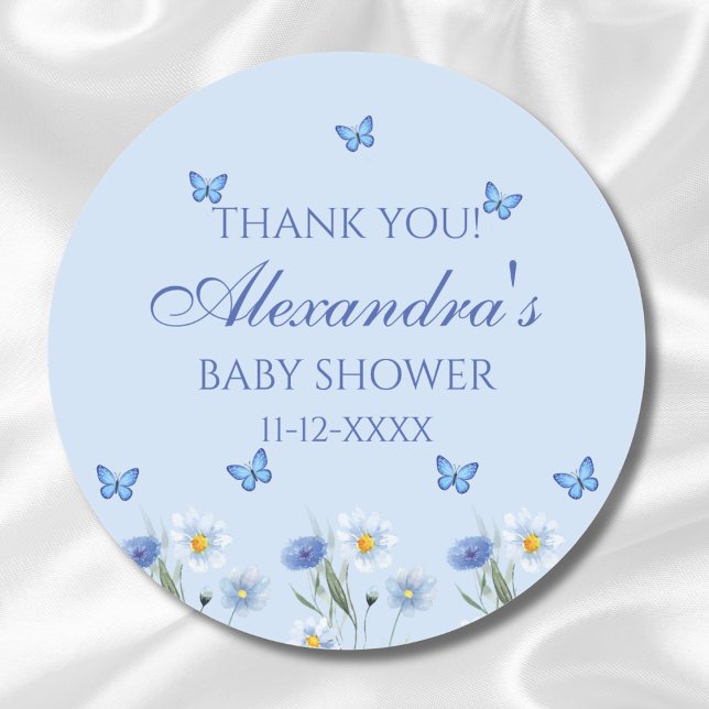 Blue Butterfly Wildblume Baby Dusche Danke Runder Aufkleber (Von Creator hochgeladen)
