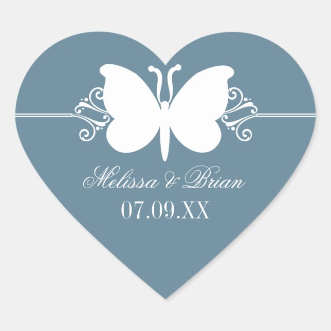 Blue Butterfly Wirbel Hochzeitskleber Herz-Aufkleber (Vorderseite)