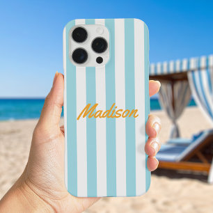 Blue Cabana Stripes Retro Monogramm iPhone 16 Pro Max Hülle