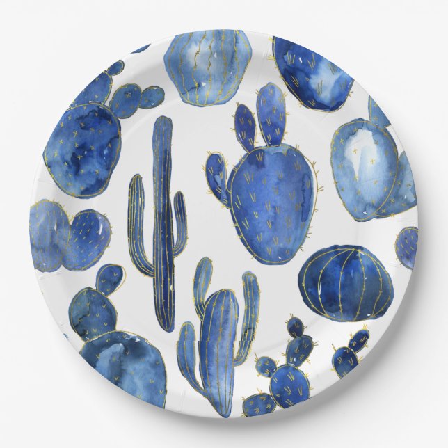Blue Cactus Desert Art Gold Reise Südwestspanien Pappteller (Vorderseite)