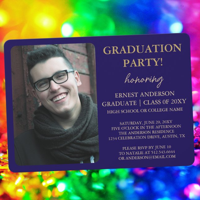 Blue Calligraphy Modern Foto Graduation Party Einladung (Von Creator hochgeladen)