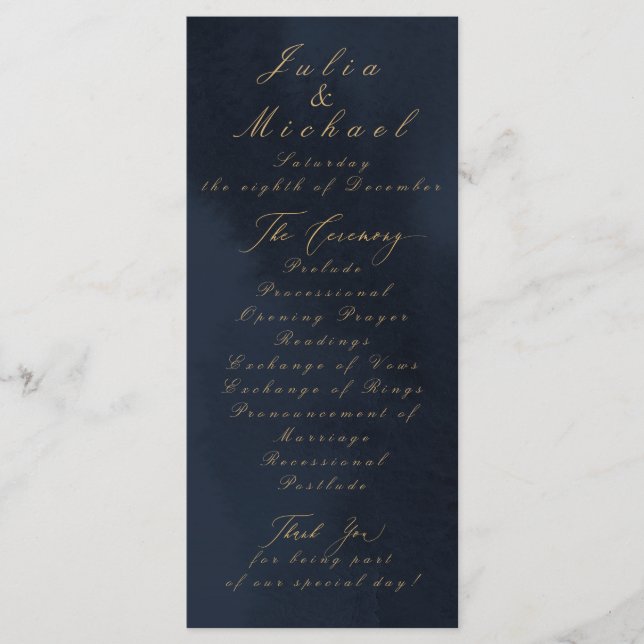 Blue Calligraphy Wedding Program Card Programm (Vorderseite)