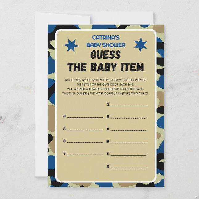 Blue Camouflage Baby Dusche - bestellbarer Name, 1 Einladung (Vorderseite)