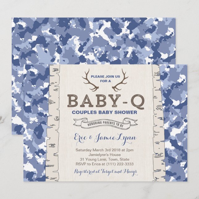Blue Camouflage Baby Dusche für Jungen Einladung (Vorne/Hinten)