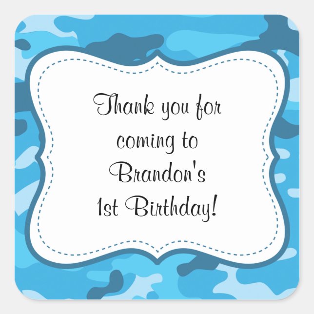 Blue Camouflage Birthday Party Günstige Label Boy Quadratischer Aufkleber (Vorderseite)