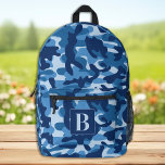 Blue Camouflage Personalisiert Modernes Monogramm  Bedruckter Rucksack<br><div class="desc">Unser moderner und trendiger Rucksack für Camouflage, ideal für Kinder, Studenten, Wanderer und Ausflüge! Dieser coole Rucksack weist eine nautische Camouflage mit Marineschattierungen auf, königsblau und verleiht ihm ein militärisch inspiriert Aussehen, das sicher ist, den Kopf zu drehen. Das Design der Camouflage ist nicht nur stilvoll, sondern auch funktional, und...</div>