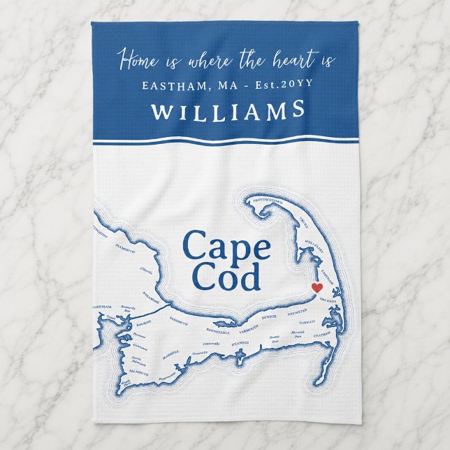 Blue Cape Cod Map New Zuhause Geschirrtuch (Cape Cod Map Kitchen Towel housewarming gift, new home present with heart over Brewster)
